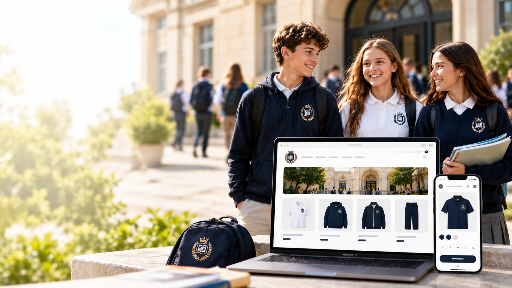 Elevi în uniforme școlare, lângă magazinul online al școlii