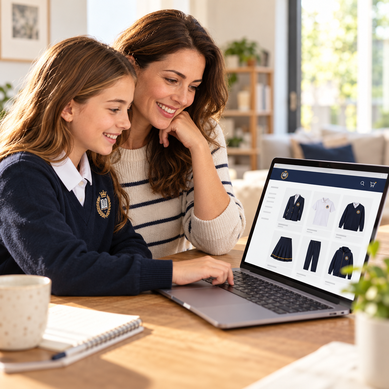 Părinte și elev aleg uniforme în magazinul online